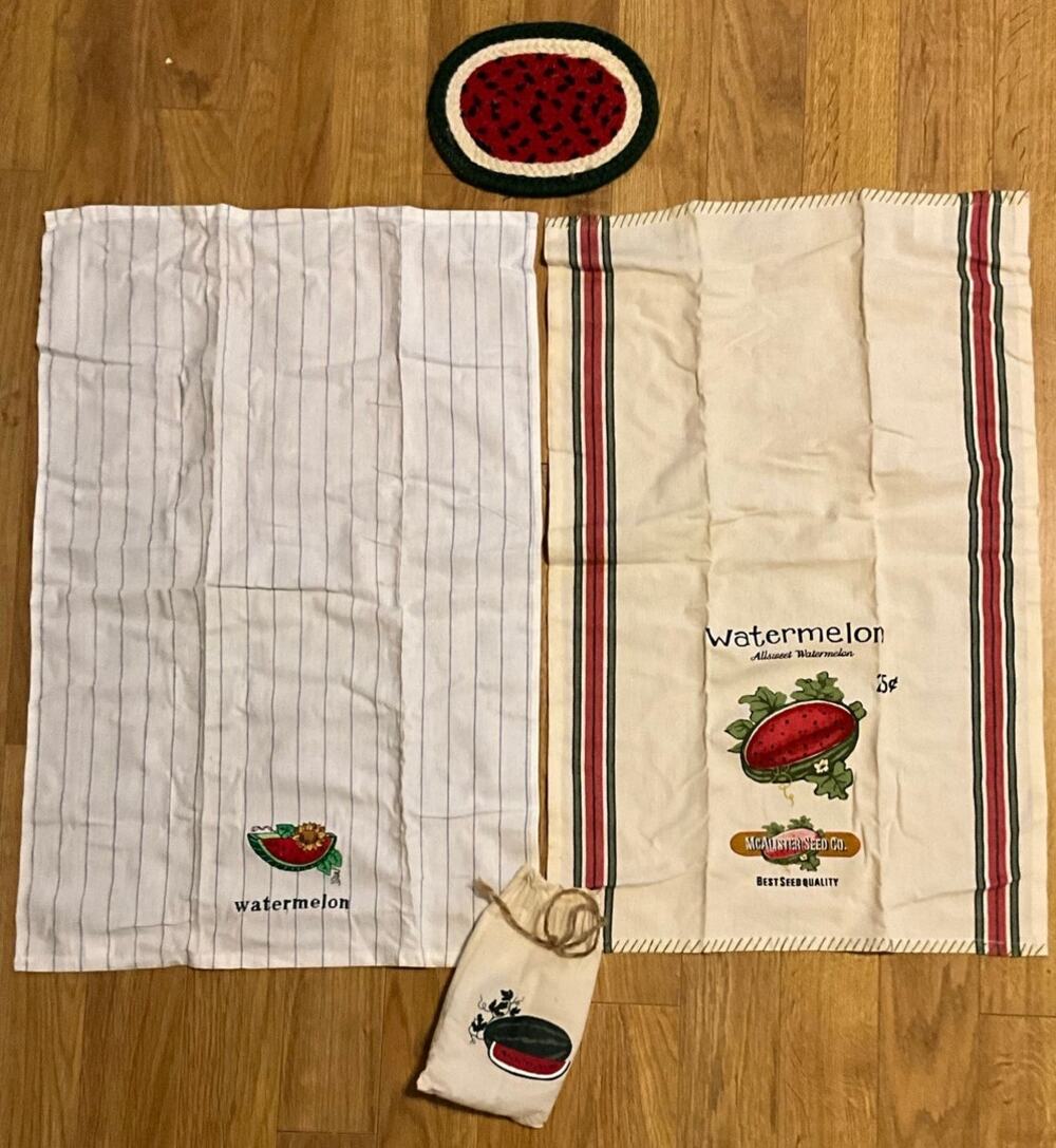 NEW 3 Pc Set Watermelon Kitchen 2 Tea Towels 1 Natural Woven Oval Hot Pad